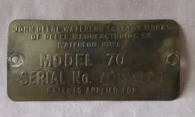7009121 John Deere 1954 Model 70 Row Crop Serial Number Plate Tag Brass