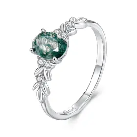 Hzp-jz008-6 Kerraom Moss Agate Ring Sterling Silver For Women Leaf Vine Design Nature Green