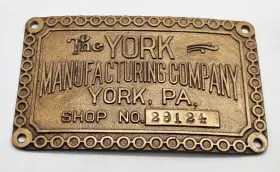 29124 York Rare Inch The Manufacturing Company Shop No. Brass Nameplate Badge Pa